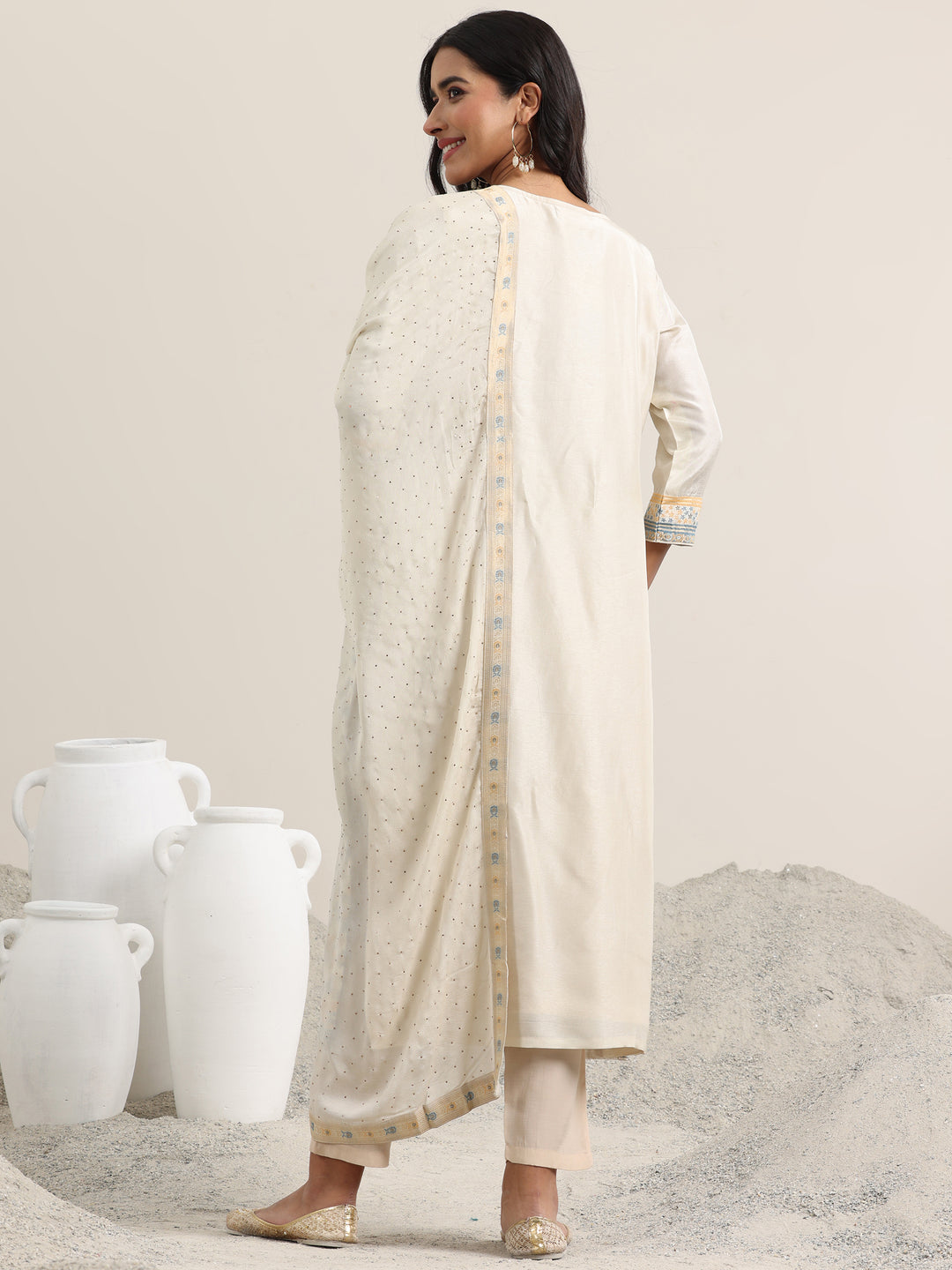 Beige Woven Design Silk Blend Straight Suit With Dupatta