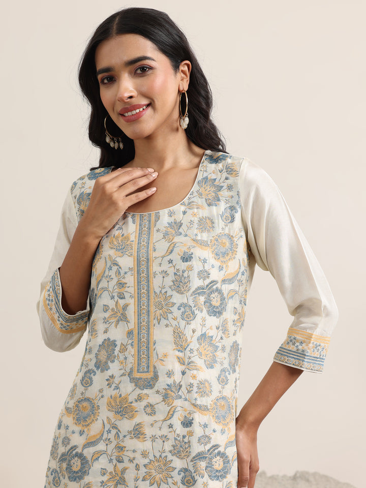 Beige Woven Design Silk Blend Straight Suit With Dupatta