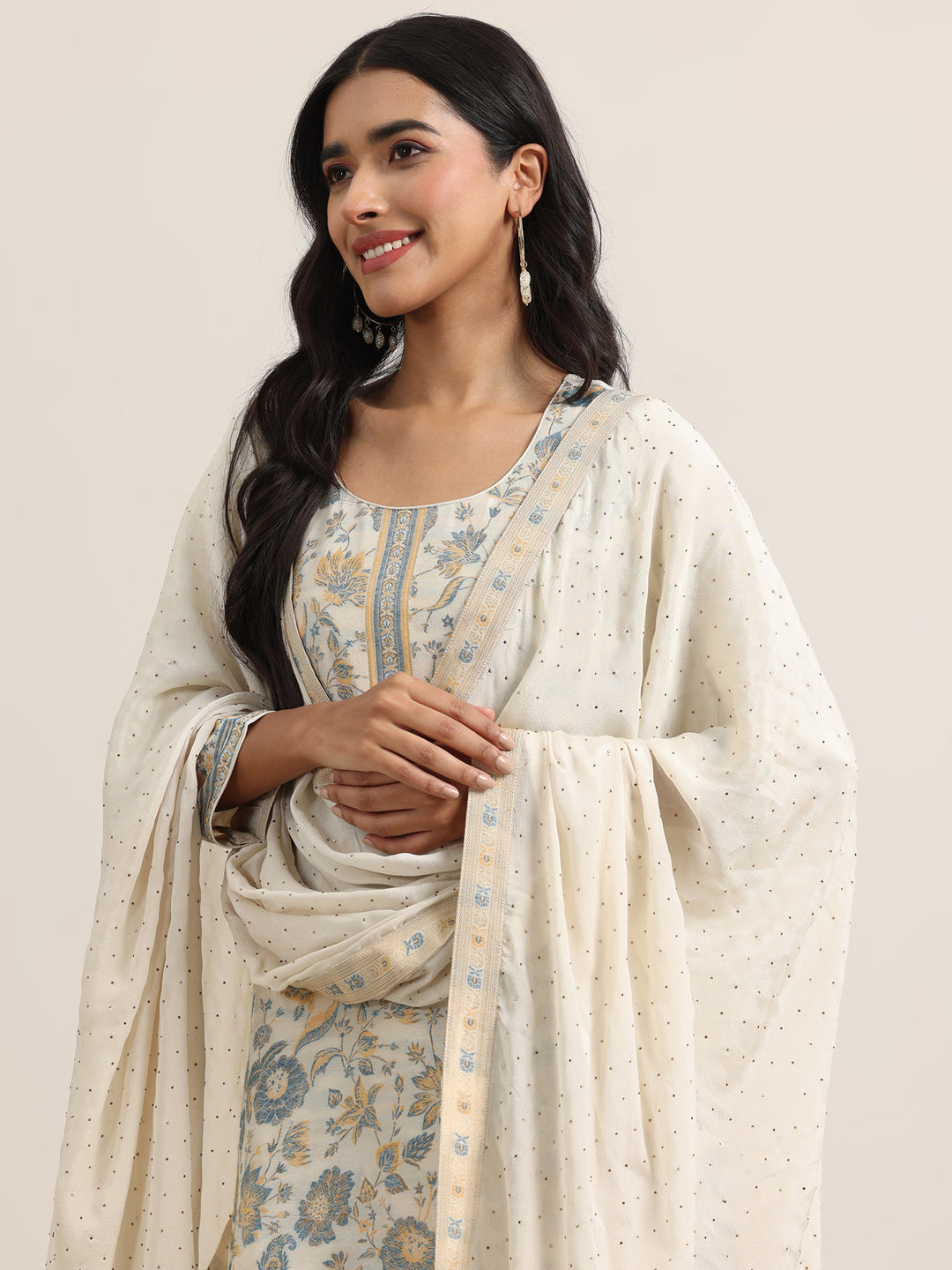 Beige Woven Design Silk Blend Straight Suit With Dupatta