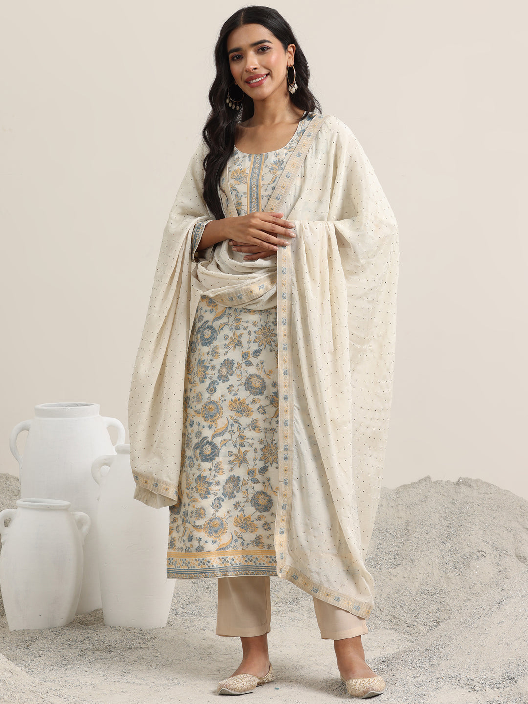 Beige Woven Design Silk Blend Straight Suit With Dupatta