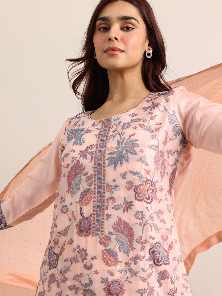 Peach Woven Design Silk Blend Straight Suit With Dupatta