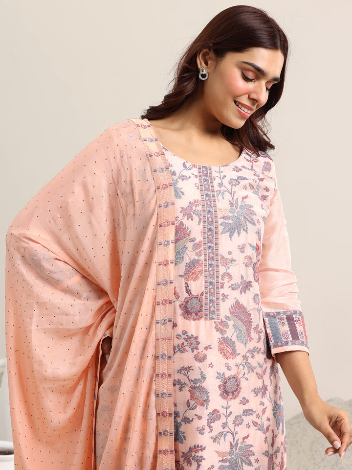 Peach Woven Design Silk Blend Straight Suit With Dupatta