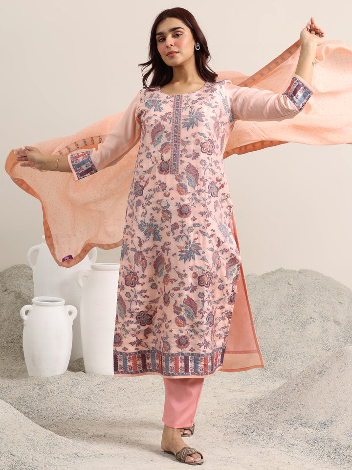 Peach Woven Design Silk Blend Straight Suit With Dupatta
