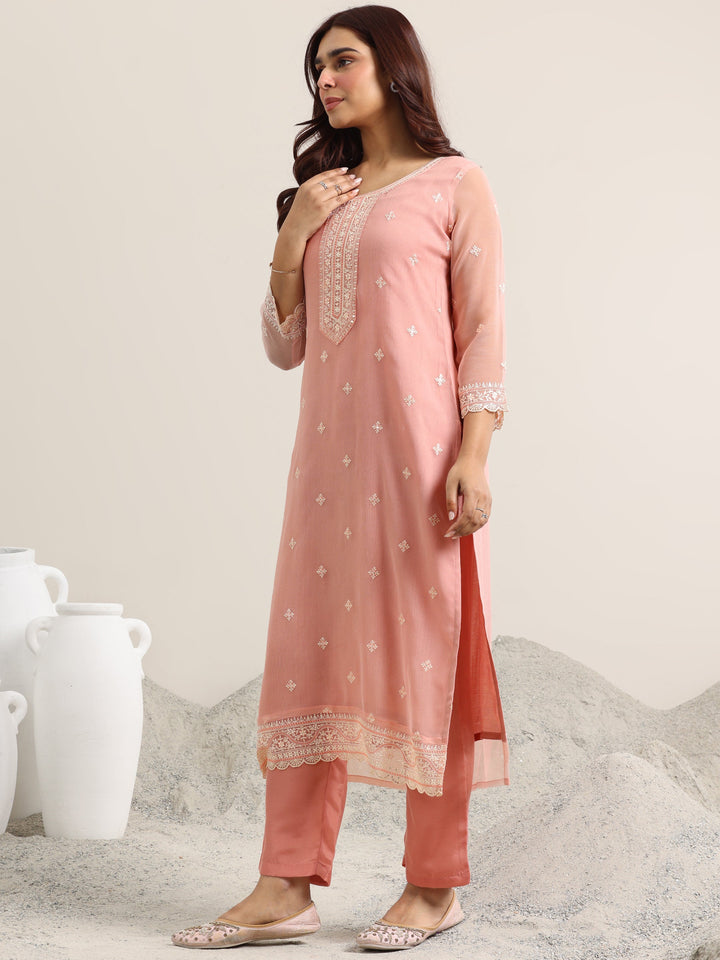 Peach Embroidered Poly Chiffon Straight Suit With Dupatta