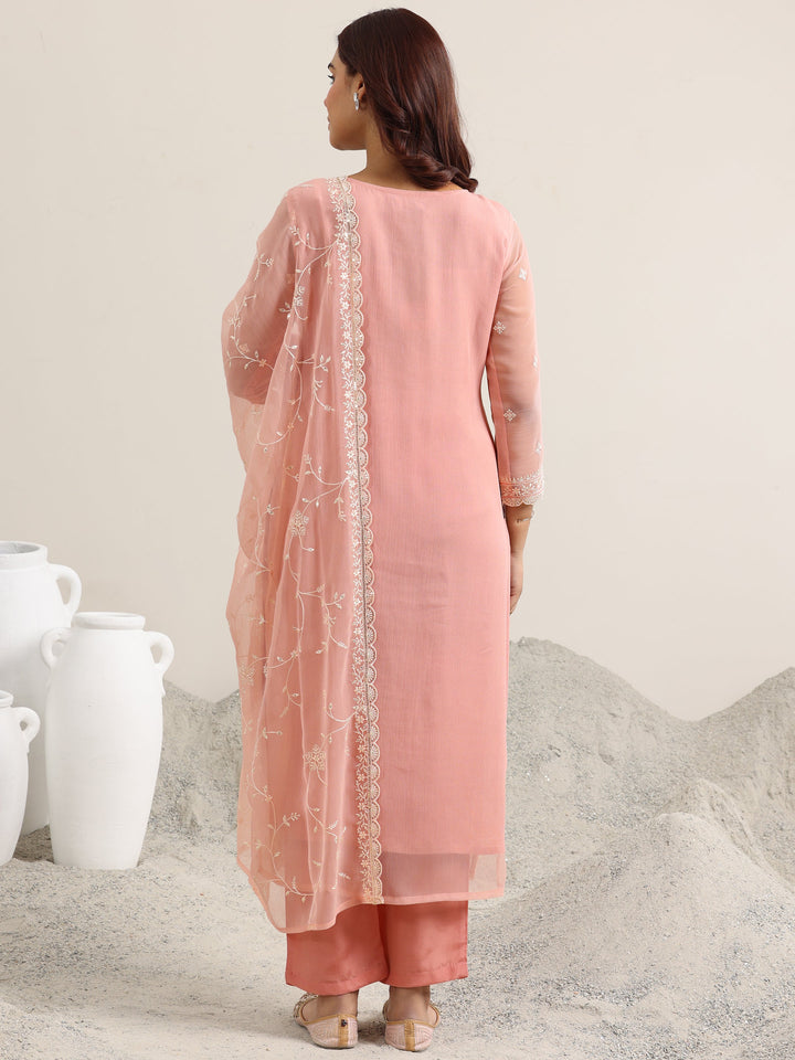 Peach Embroidered Poly Chiffon Straight Suit With Dupatta