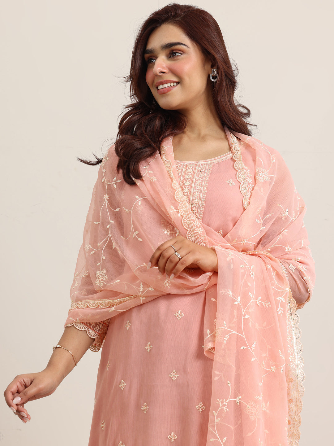 Peach Embroidered Poly Chiffon Straight Suit With Dupatta