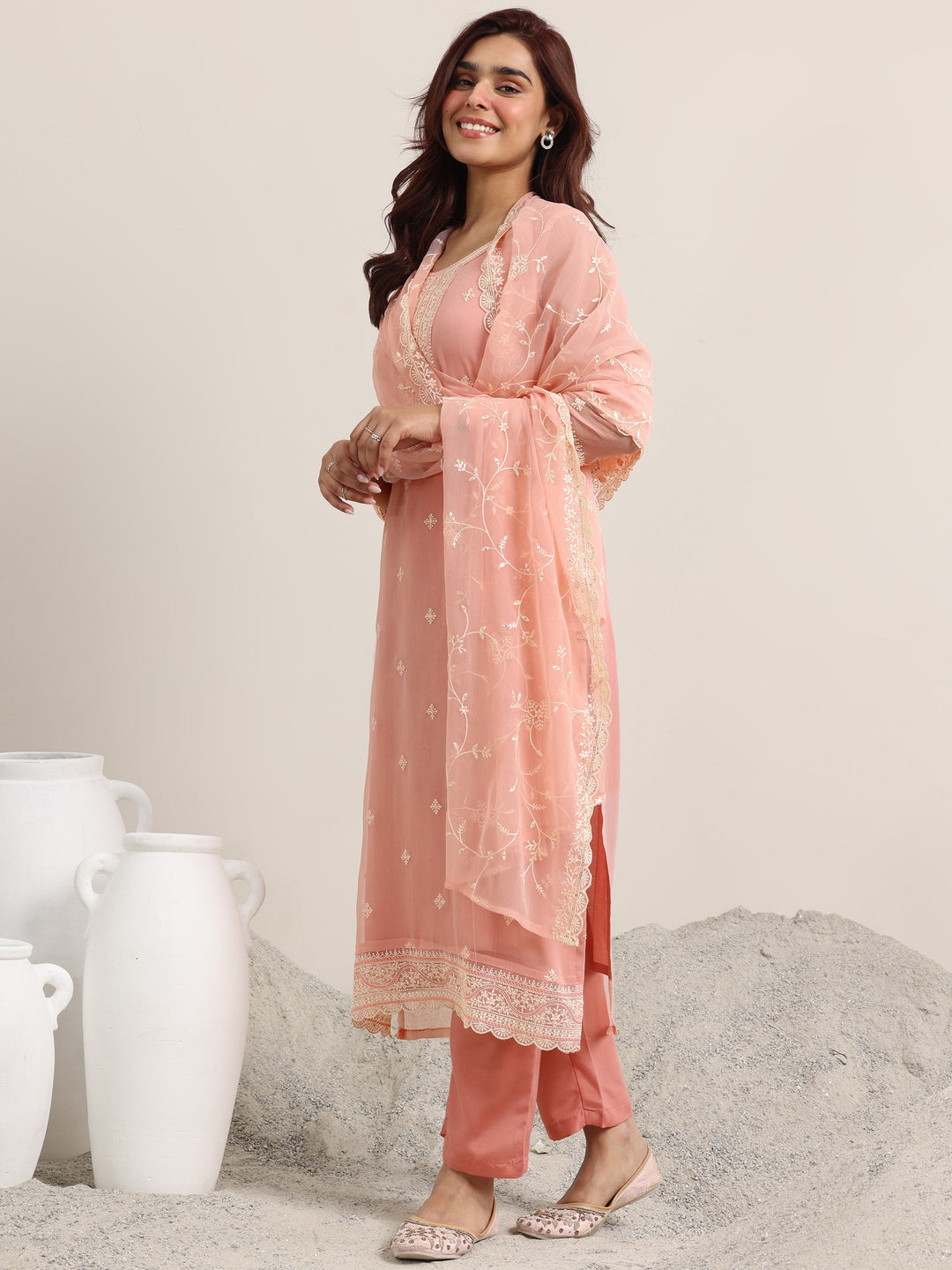 Peach Embroidered Poly Chiffon Straight Suit With Dupatta