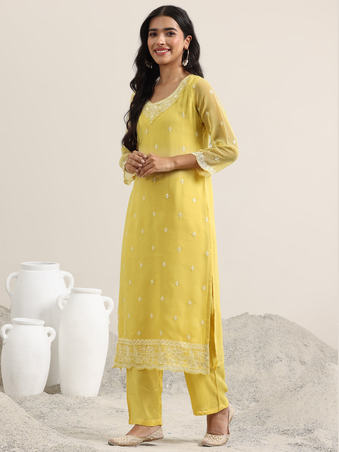Yellow Embroidered Poly Chiffon Straight Suit With Dupatta