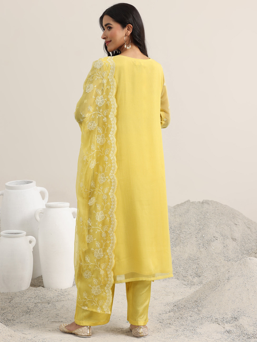 Yellow Embroidered Poly Chiffon Straight Suit With Dupatta