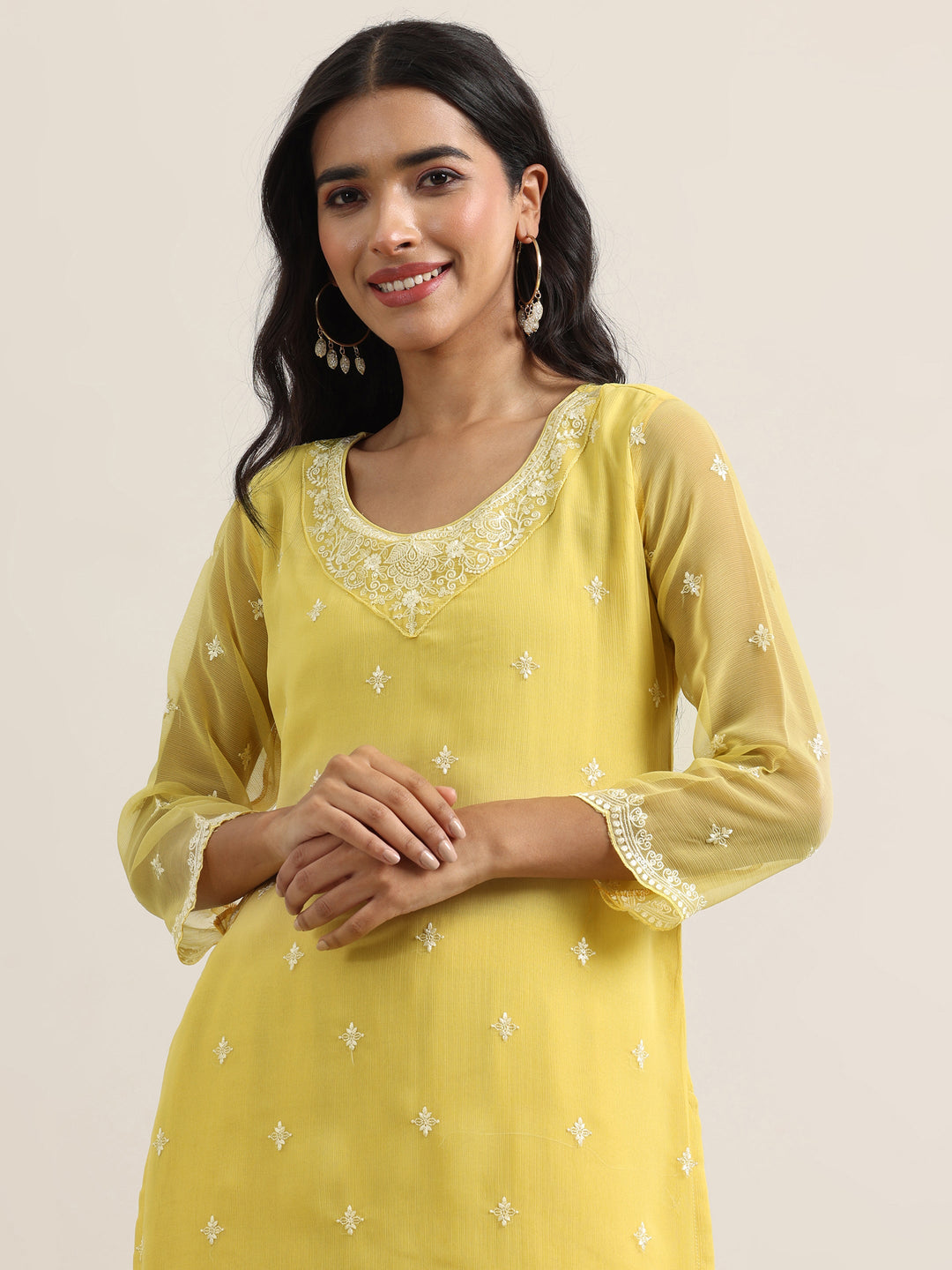 Yellow Embroidered Poly Chiffon Straight Suit With Dupatta