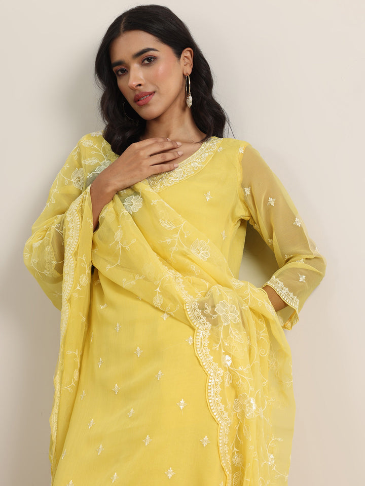 Yellow Embroidered Poly Chiffon Straight Suit With Dupatta