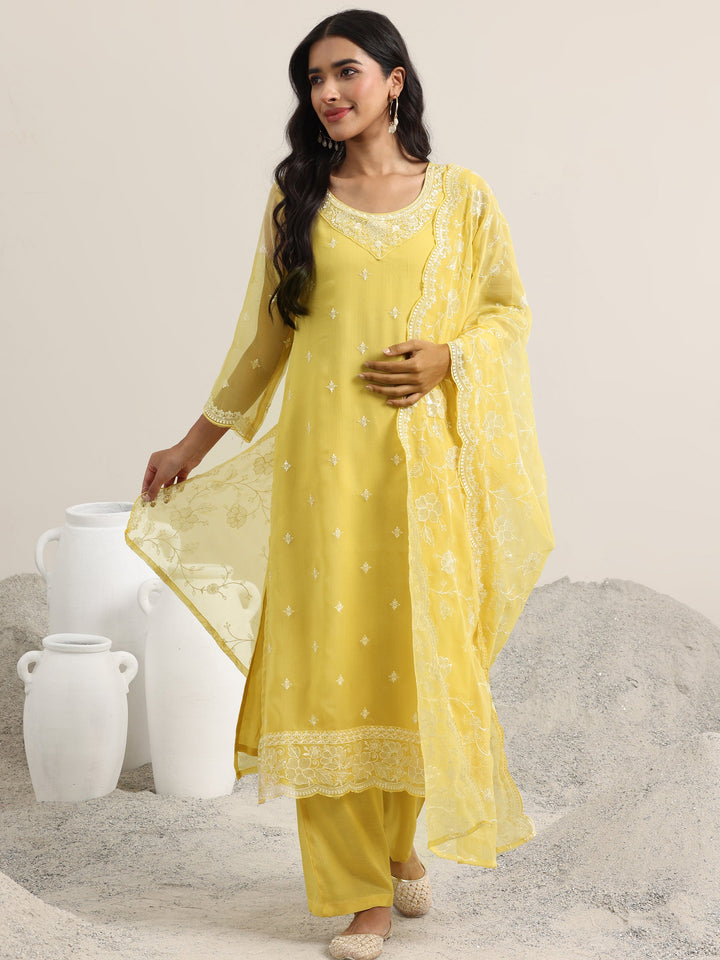 Yellow Embroidered Poly Chiffon Straight Suit With Dupatta