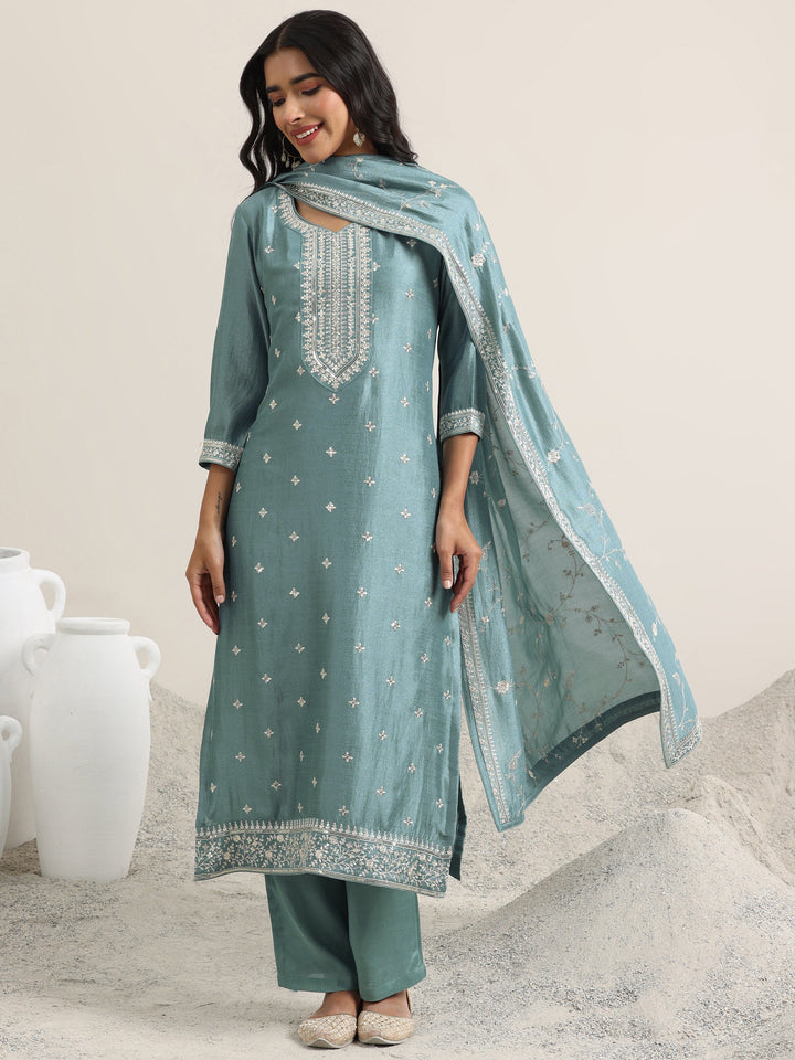 Blue Embroidered Silk Blend Straight Suit With Dupatta