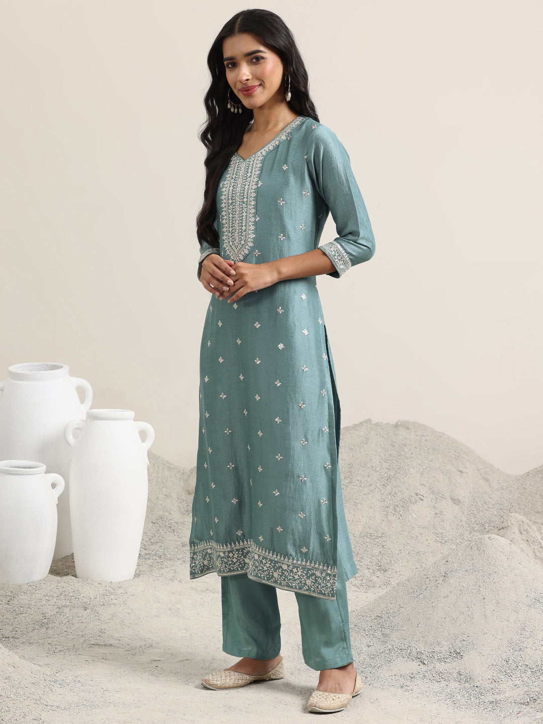 Blue Embroidered Silk Blend Straight Suit With Dupatta