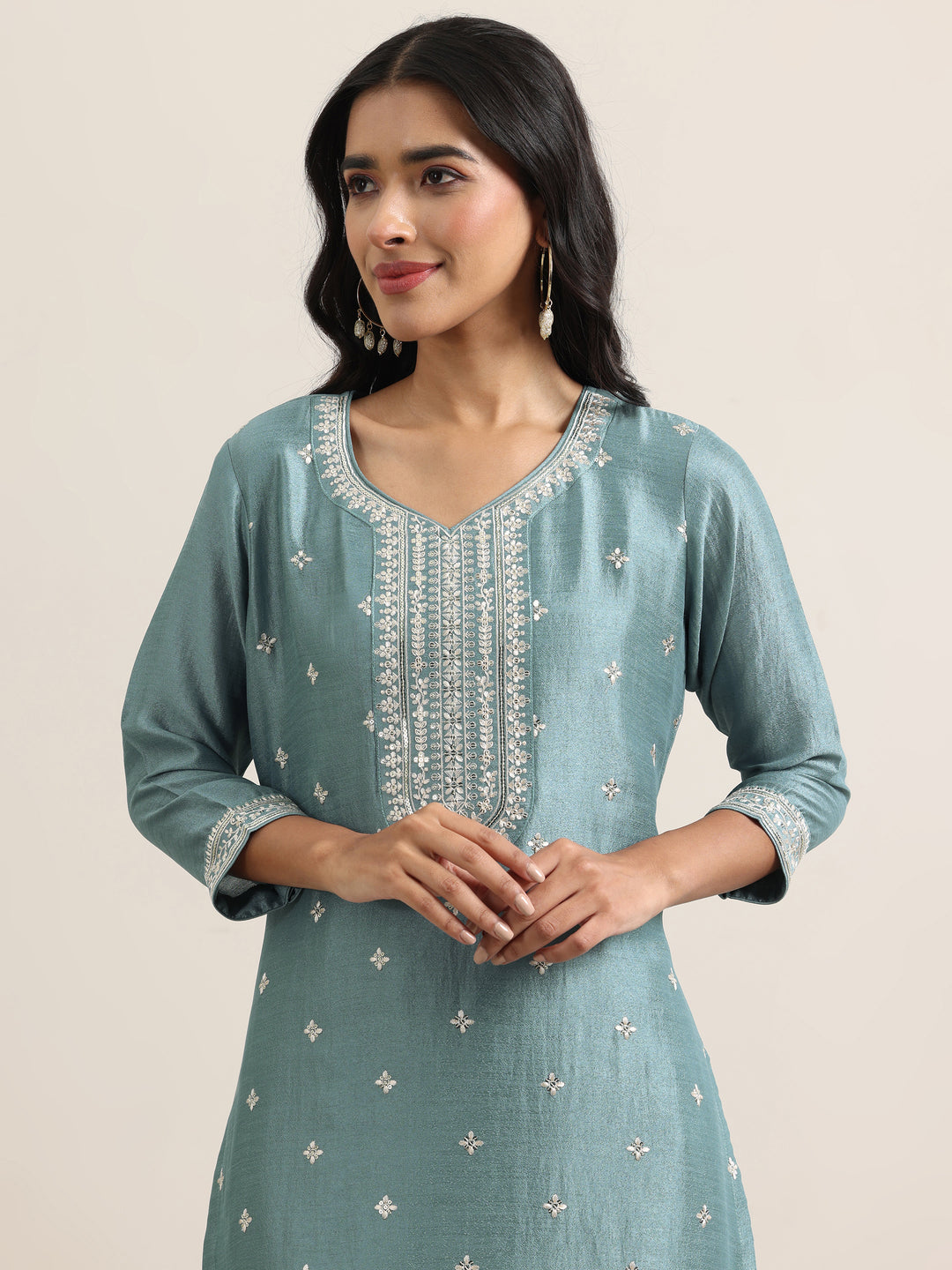 Blue Embroidered Silk Blend Straight Suit With Dupatta