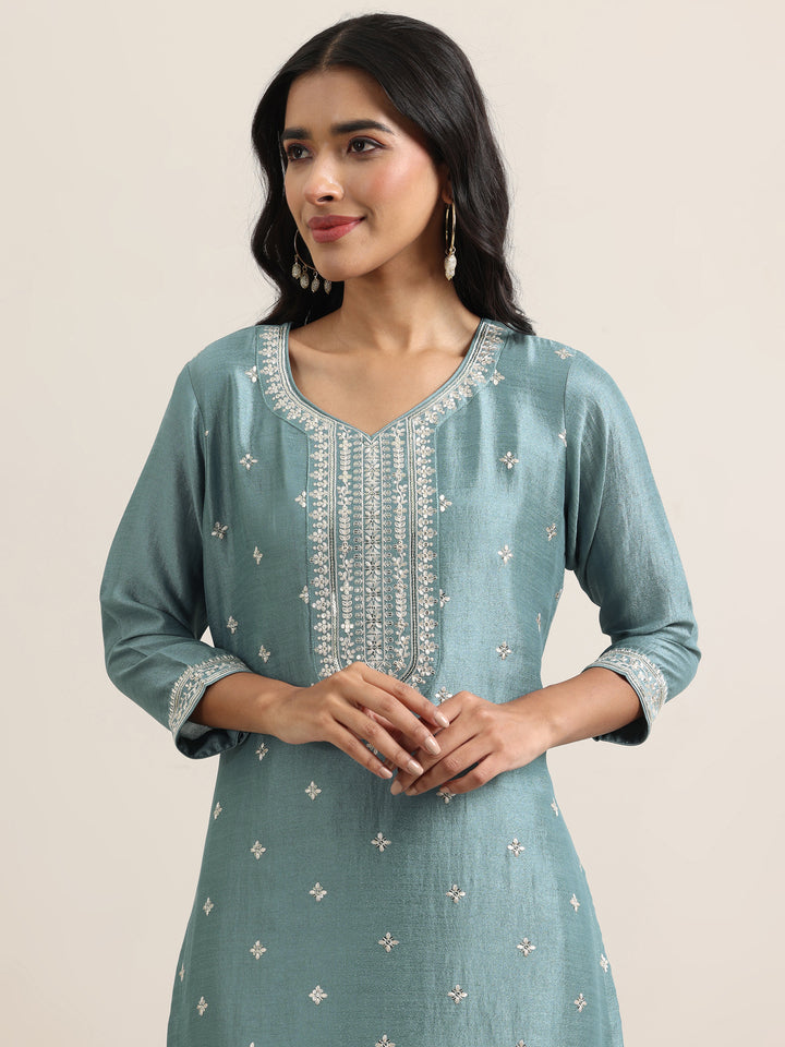 Blue Embroidered Silk Blend Straight Suit With Dupatta