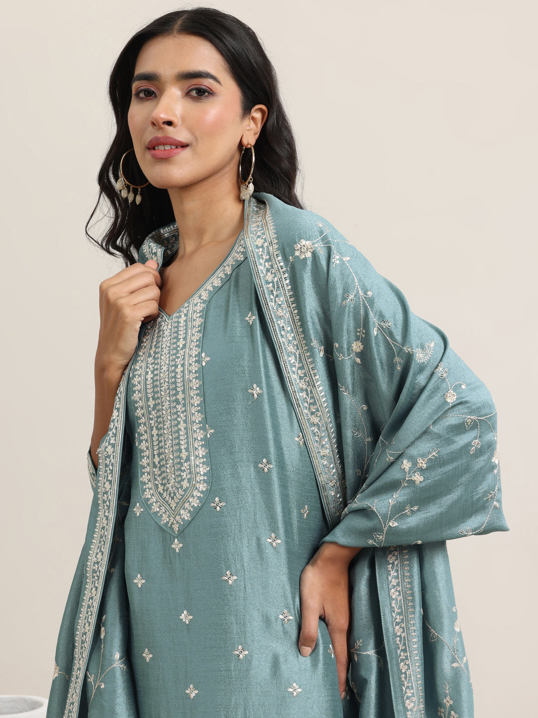 Blue Embroidered Silk Blend Straight Suit With Dupatta