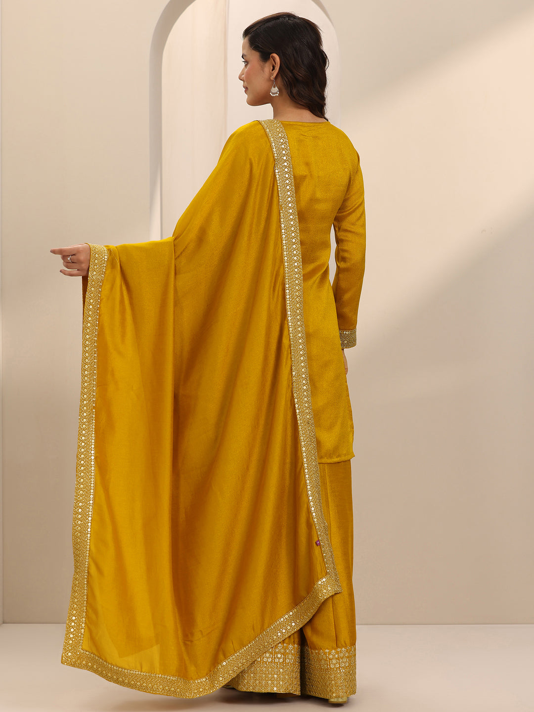 Mustard Embellished Silk Blend Straight Suit Set With Dupatta