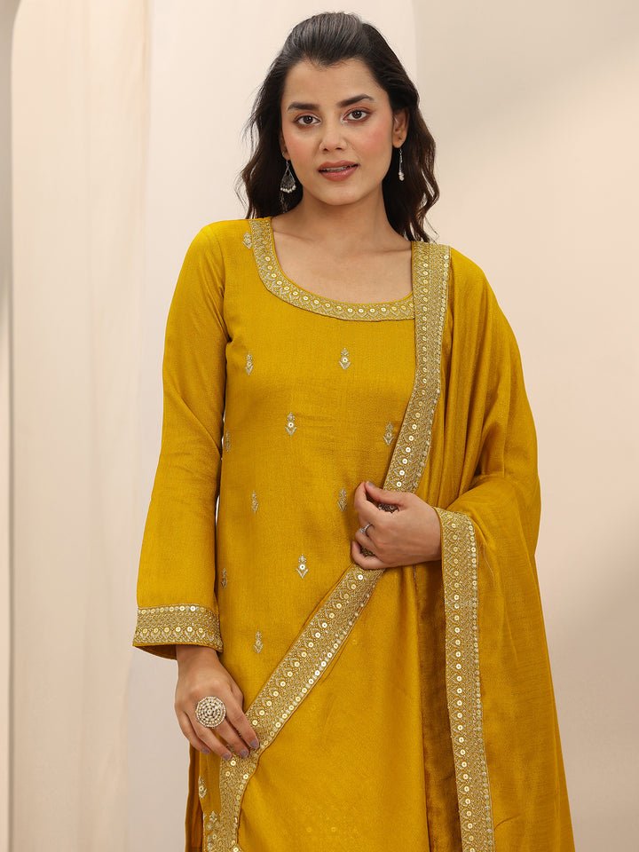Mustard Embellished Silk Blend Straight Suit Set With Dupatta
