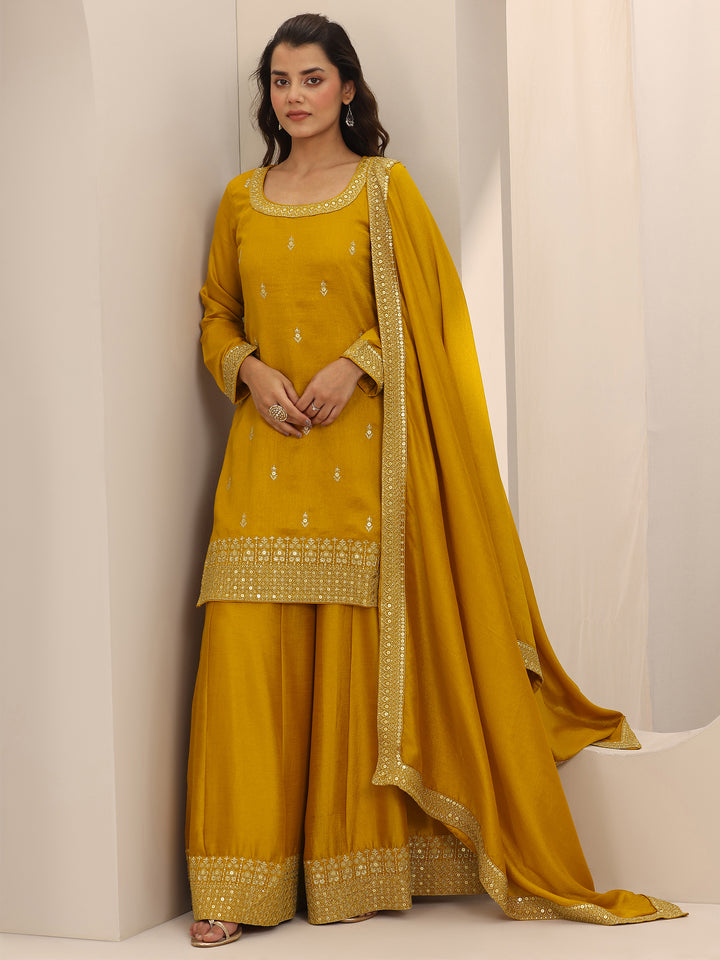 Mustard Embellished Silk Blend Straight Suit Set With Dupatta