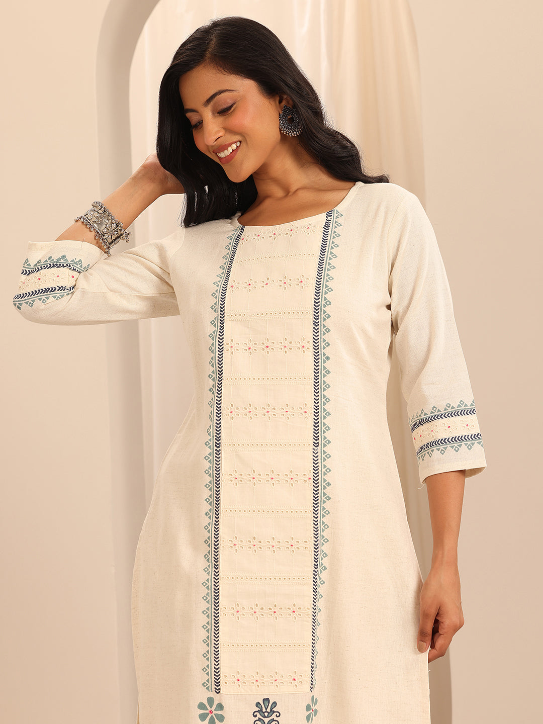 Off White Printed Cotton Blend Straight Suit Set With Dupatta
