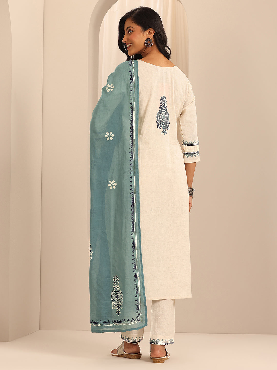 Off White Printed Cotton Blend Straight Suit Set With Dupatta