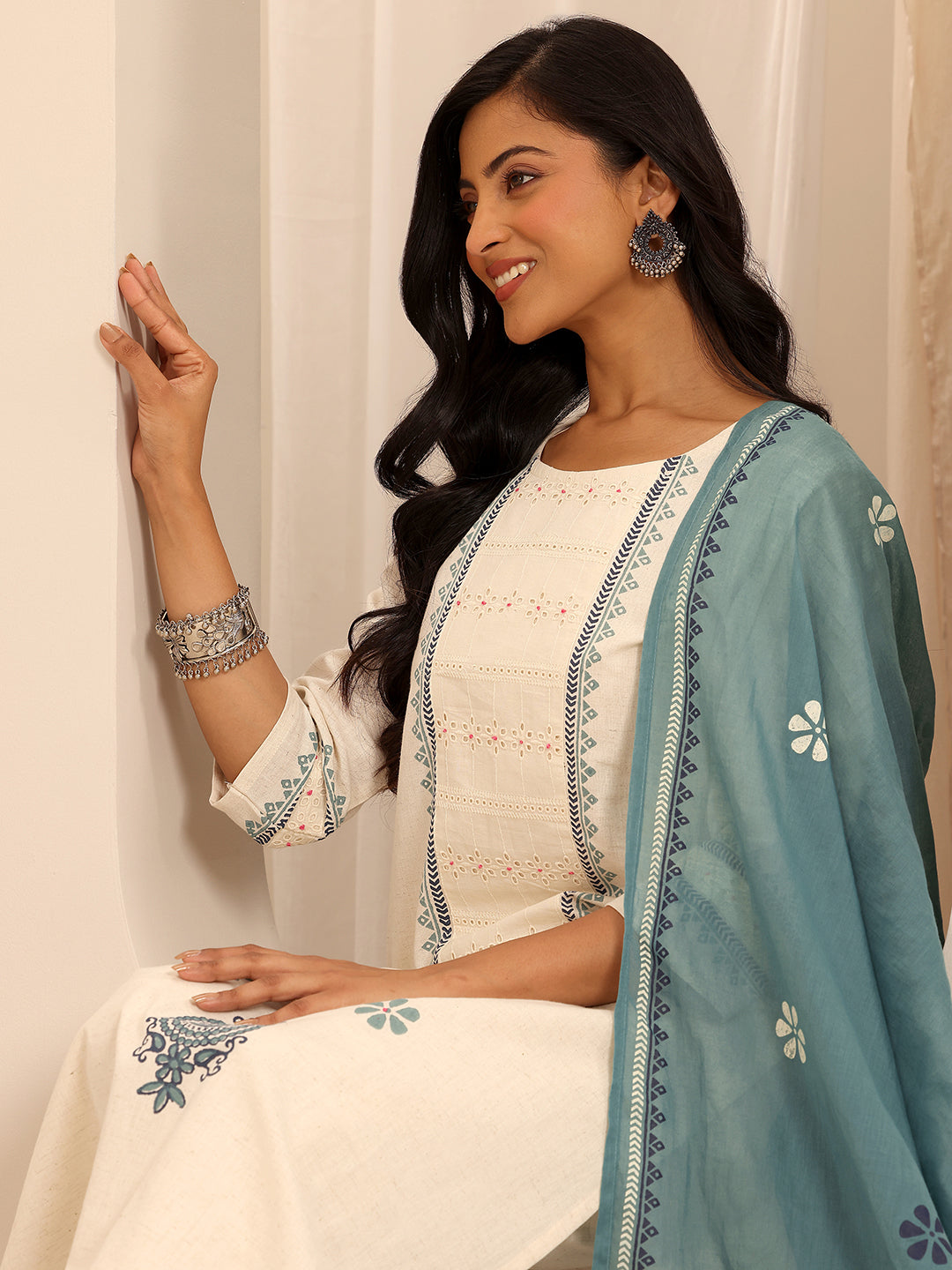 Off White Printed Cotton Blend Straight Suit Set With Dupatta