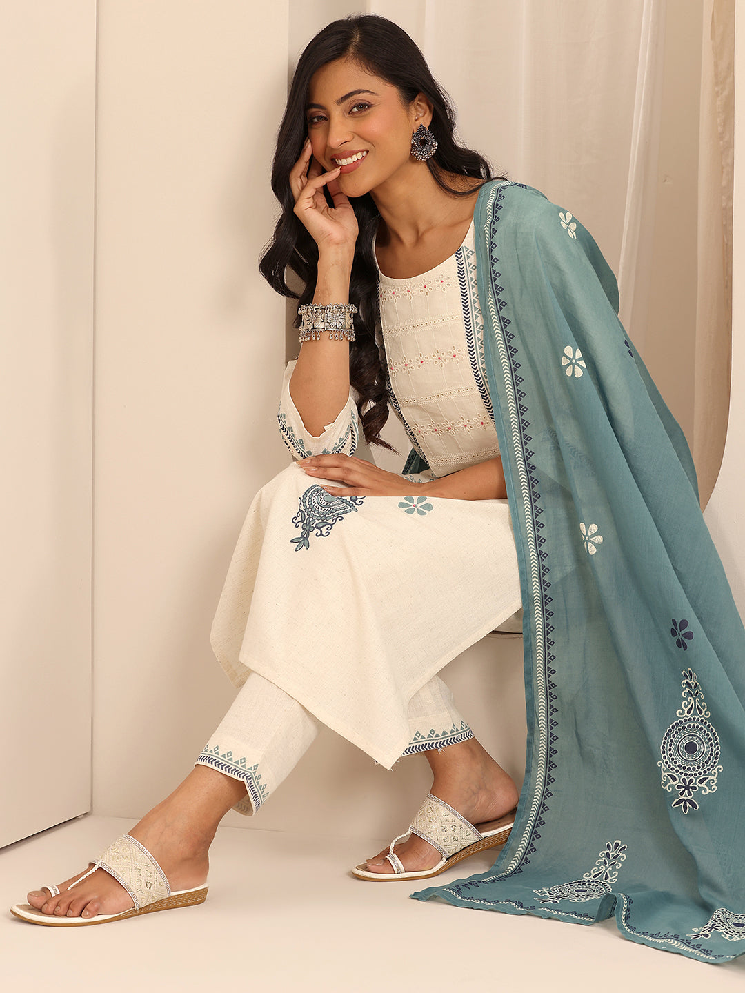 Off White Printed Cotton Blend Straight Suit Set With Dupatta