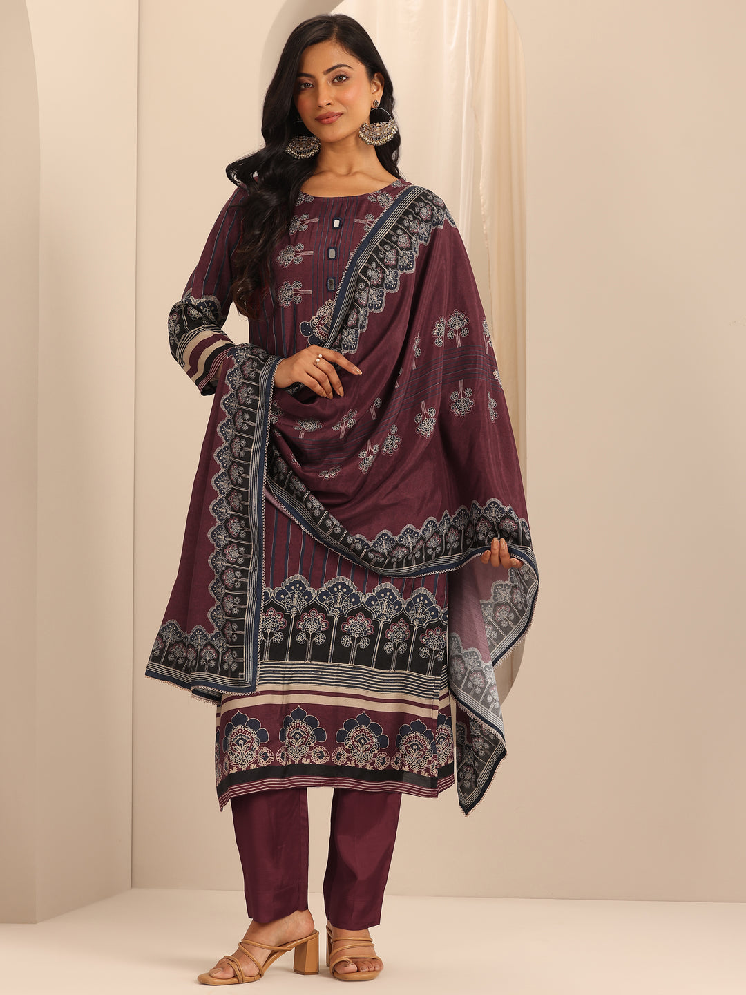 Maroon Printed Muslin Straight Suit Set With Dupatta