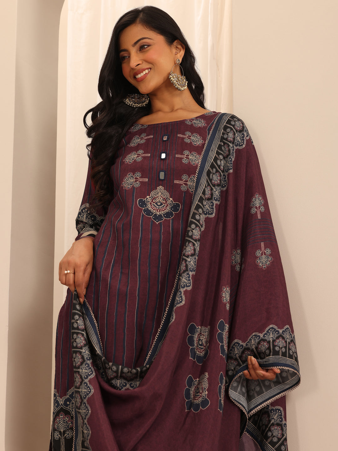 Maroon Printed Muslin Straight Suit Set With Dupatta