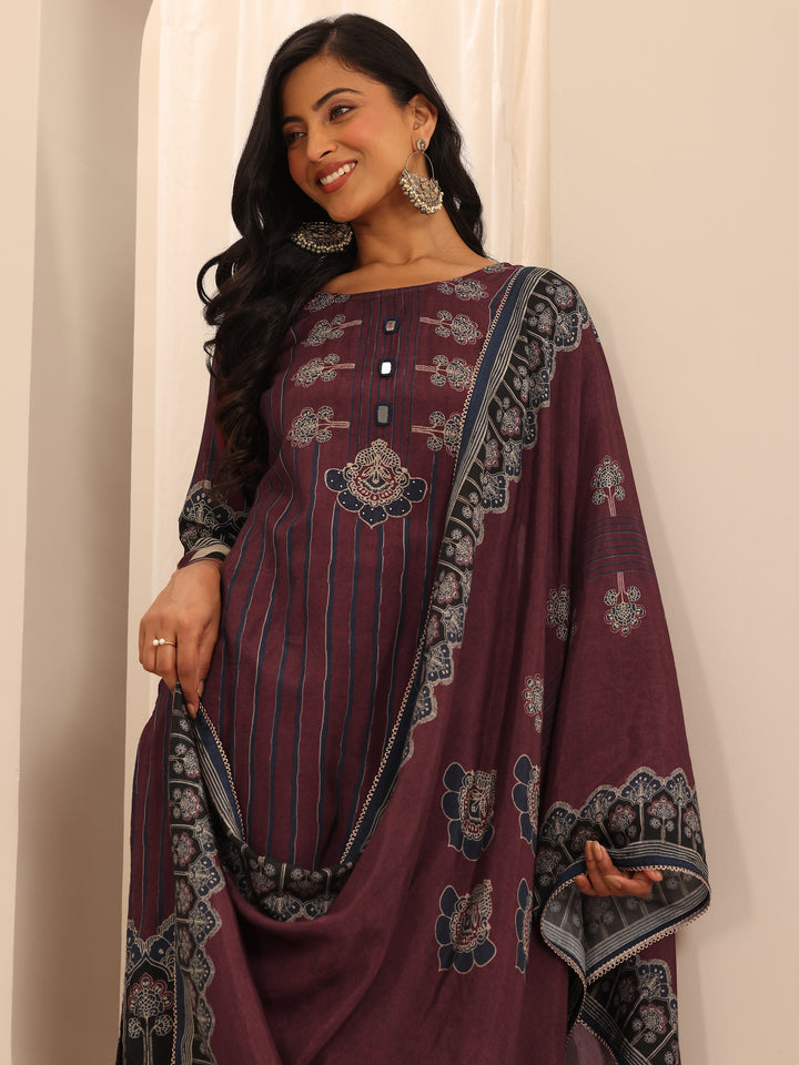 Maroon Printed Muslin Straight Suit Set With Dupatta
