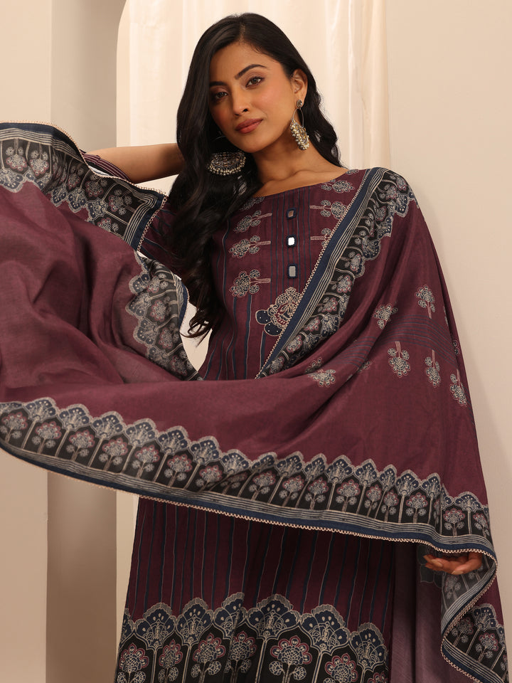 Maroon Printed Muslin Straight Suit Set With Dupatta