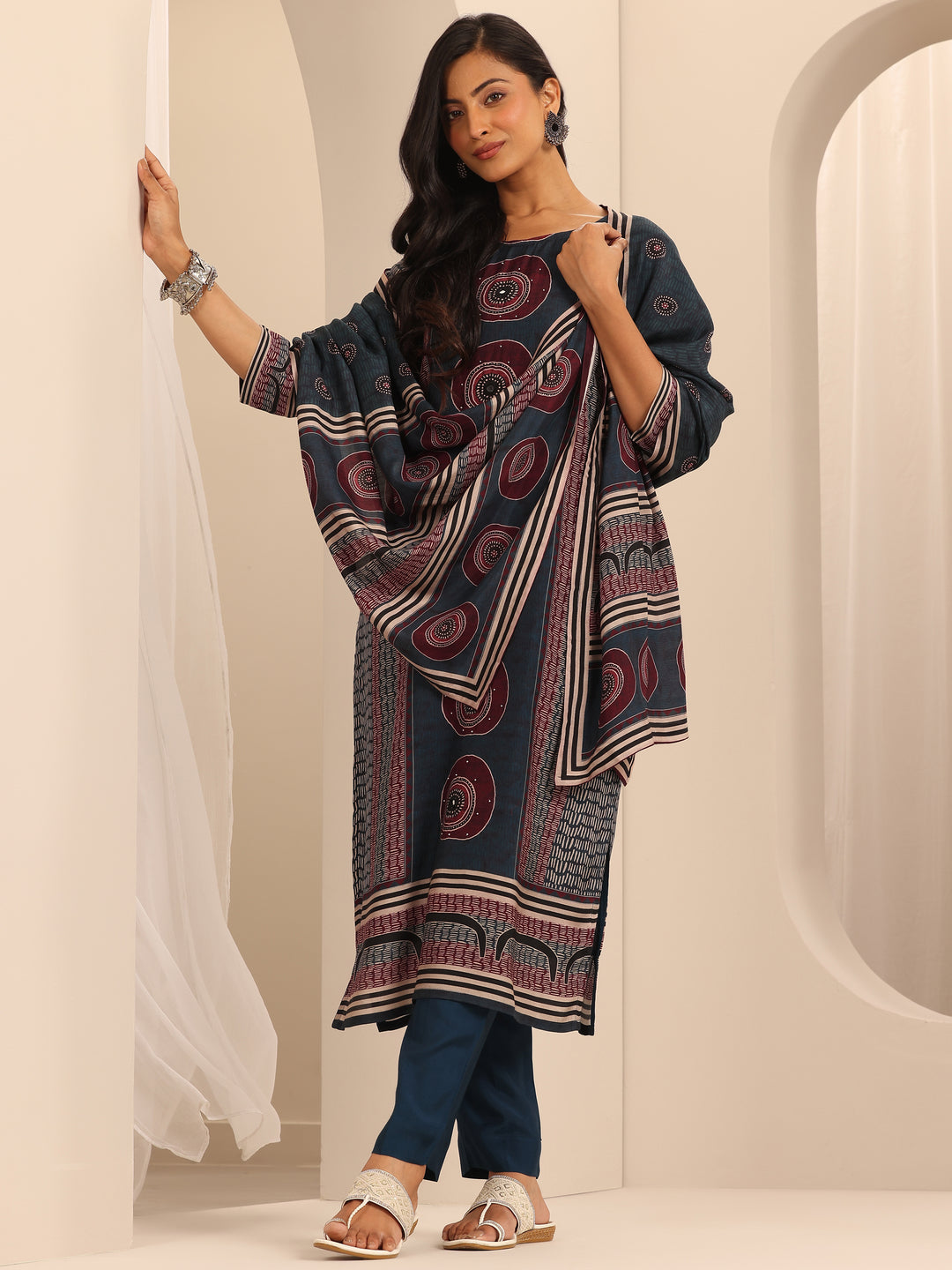 Navy Blue Printed Muslin Straight Suit Set With Dupatta