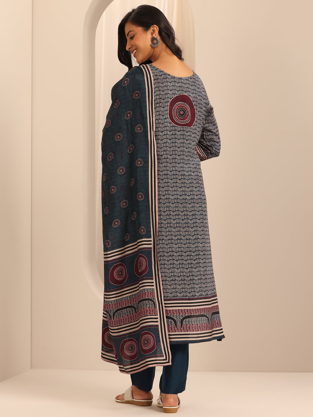 Navy Blue Printed Muslin Straight Suit Set With Dupatta
