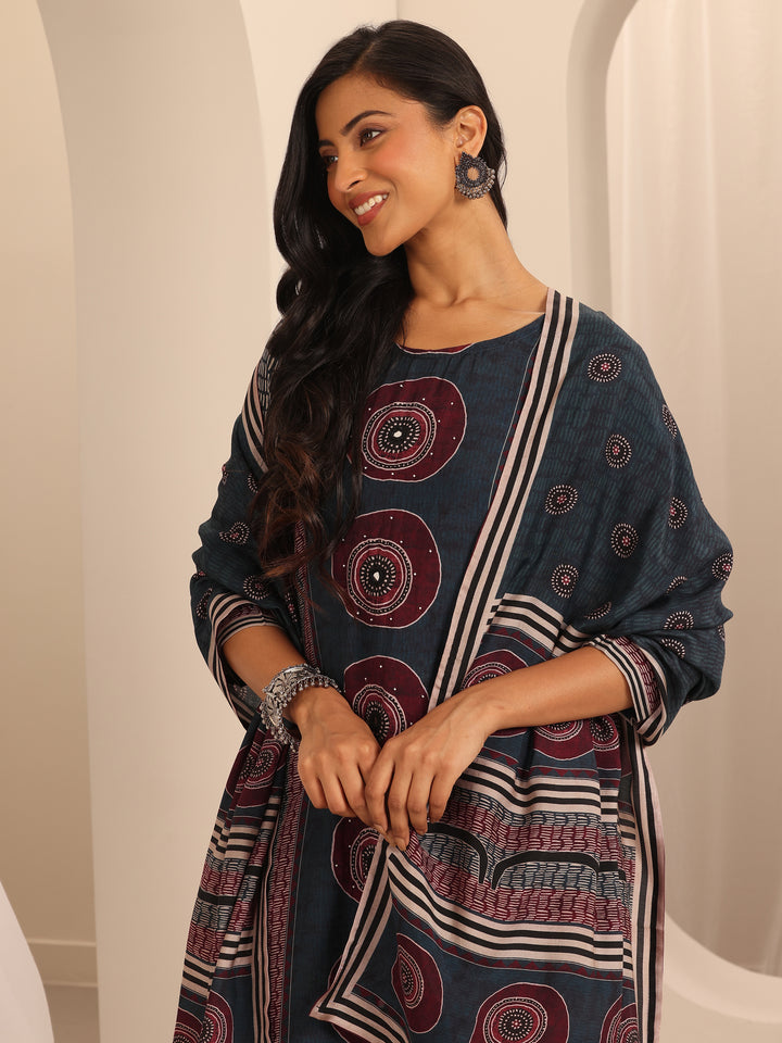 Navy Blue Printed Muslin Straight Suit Set With Dupatta