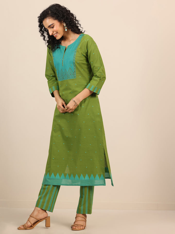 Green Printed Cotton Blend Straight Suit Set With Dupatta