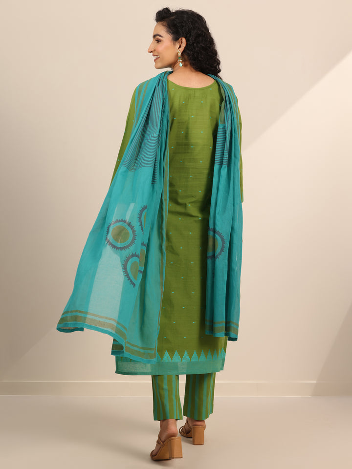 Green Printed Cotton Blend Straight Suit Set With Dupatta