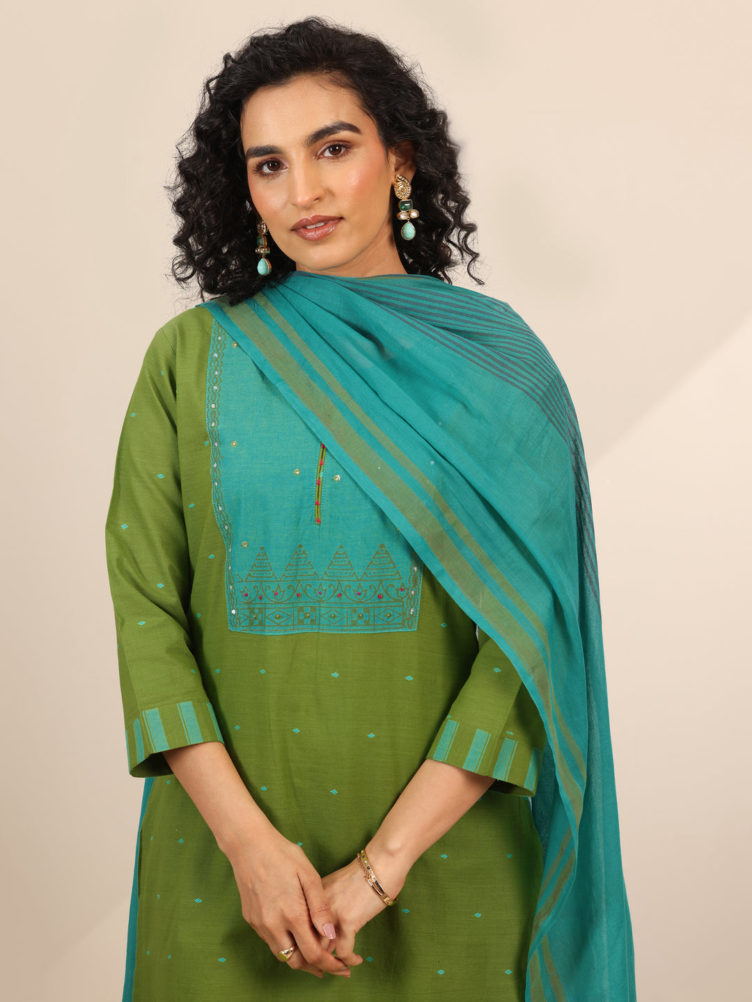 Green Printed Cotton Blend Straight Suit Set With Dupatta