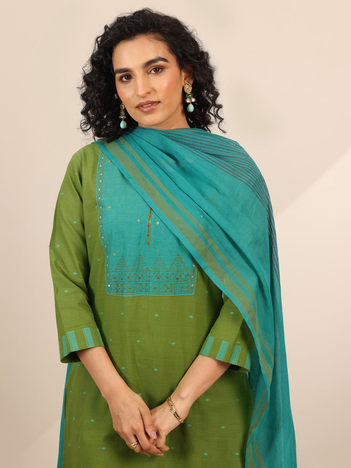 Green Printed Cotton Blend Straight Suit Set With Dupatta