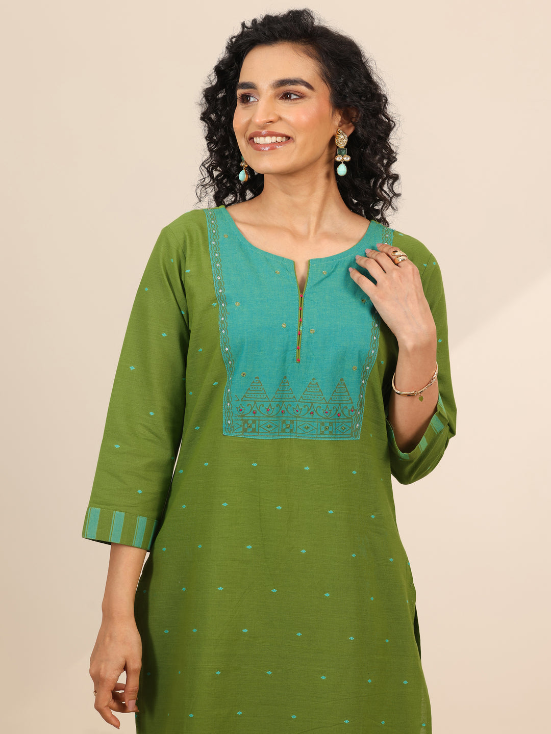 Green Printed Cotton Blend Straight Suit Set With Dupatta