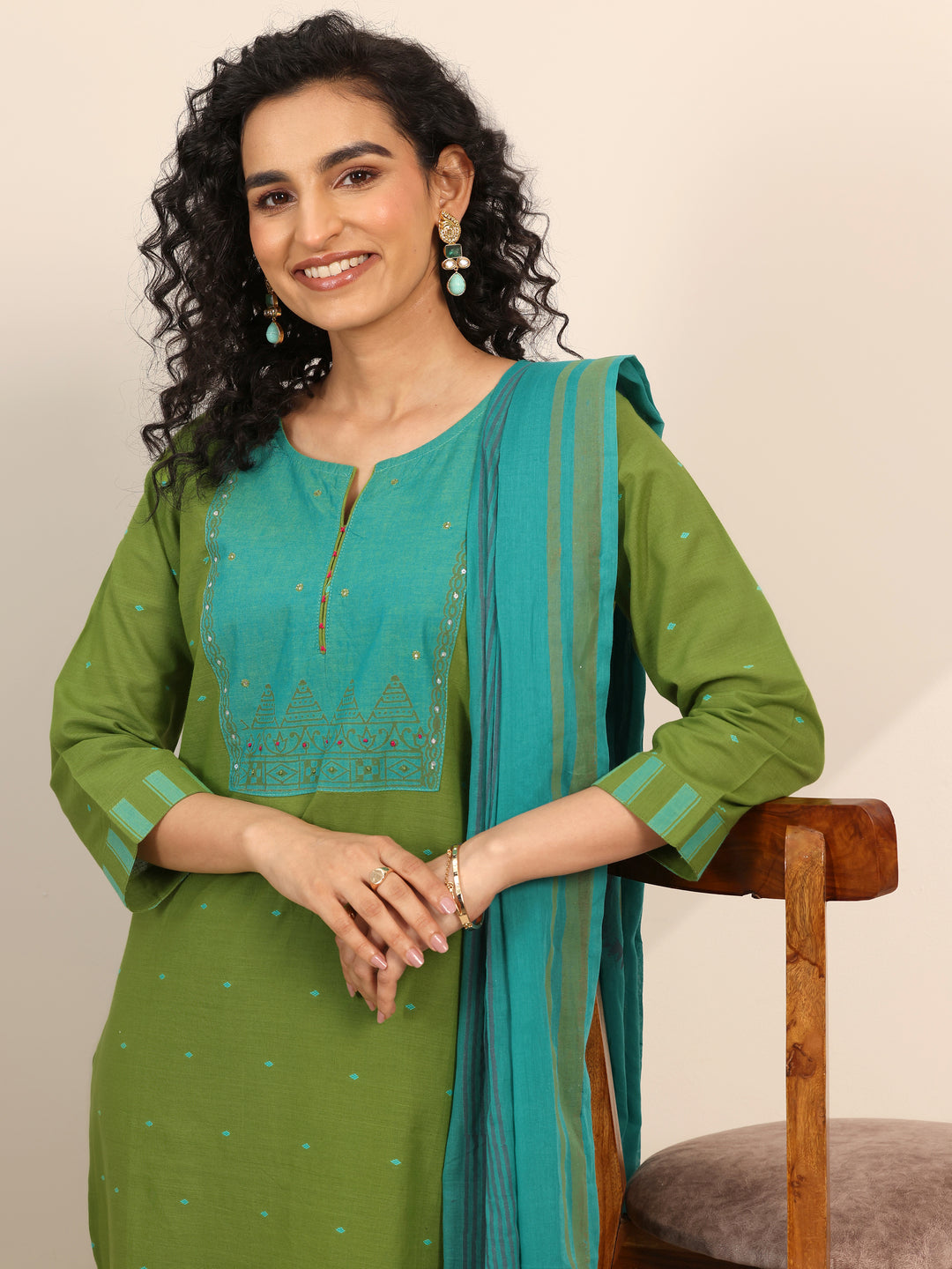 Green Printed Cotton Blend Straight Suit Set With Dupatta