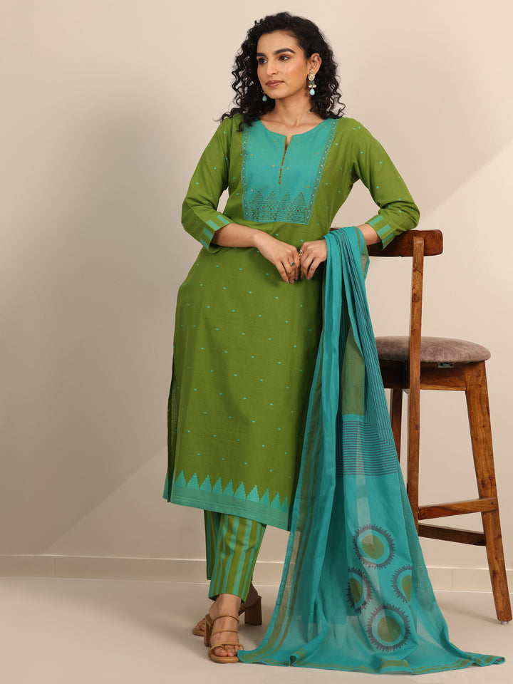 Green Printed Cotton Blend Straight Suit Set With Dupatta