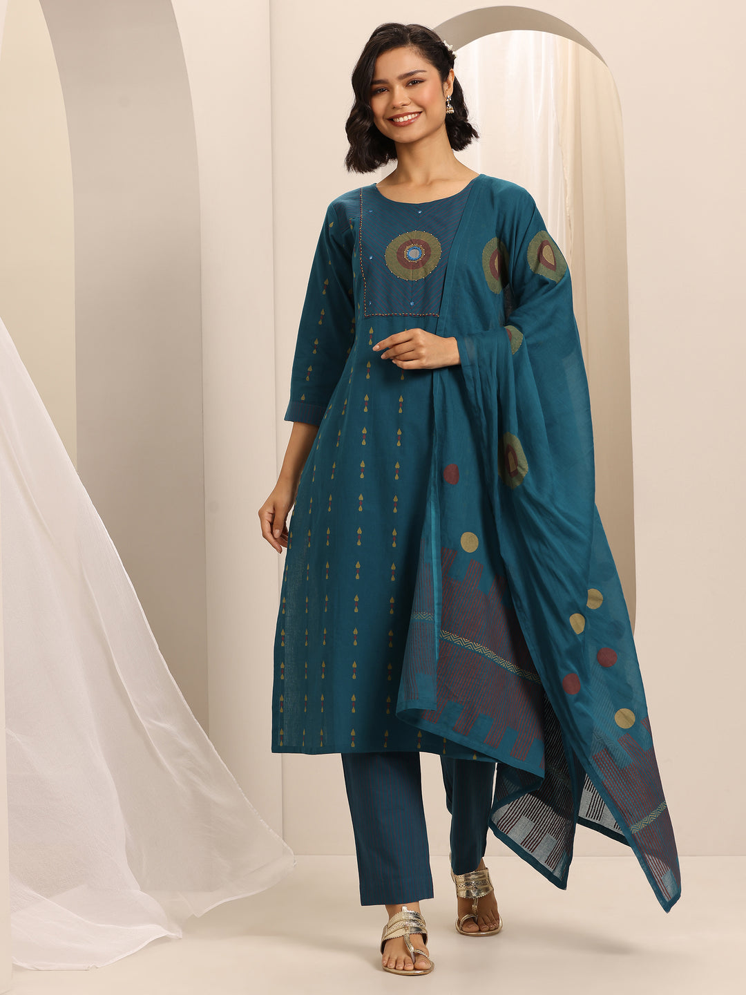 Teal Printed Cotton Blend Straight Suit Set With Dupatta