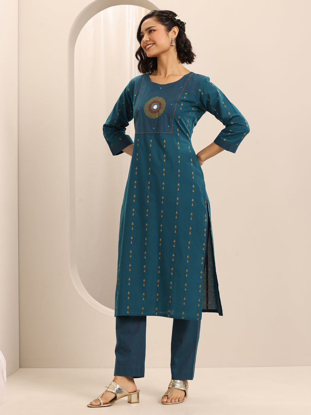Teal Printed Cotton Blend Straight Suit Set With Dupatta