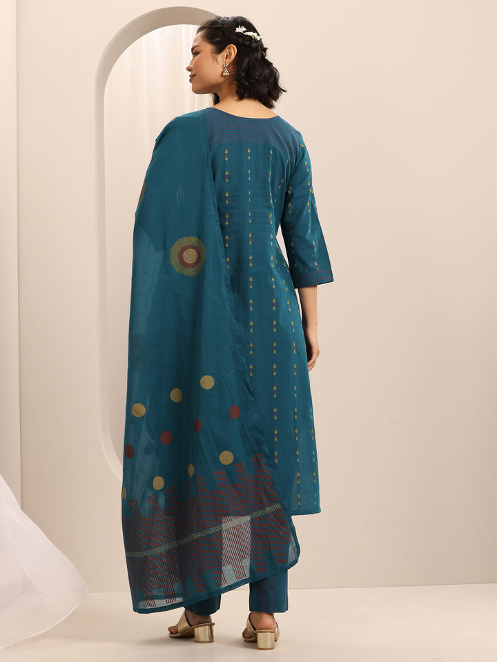 Teal Printed Cotton Blend Straight Suit Set With Dupatta