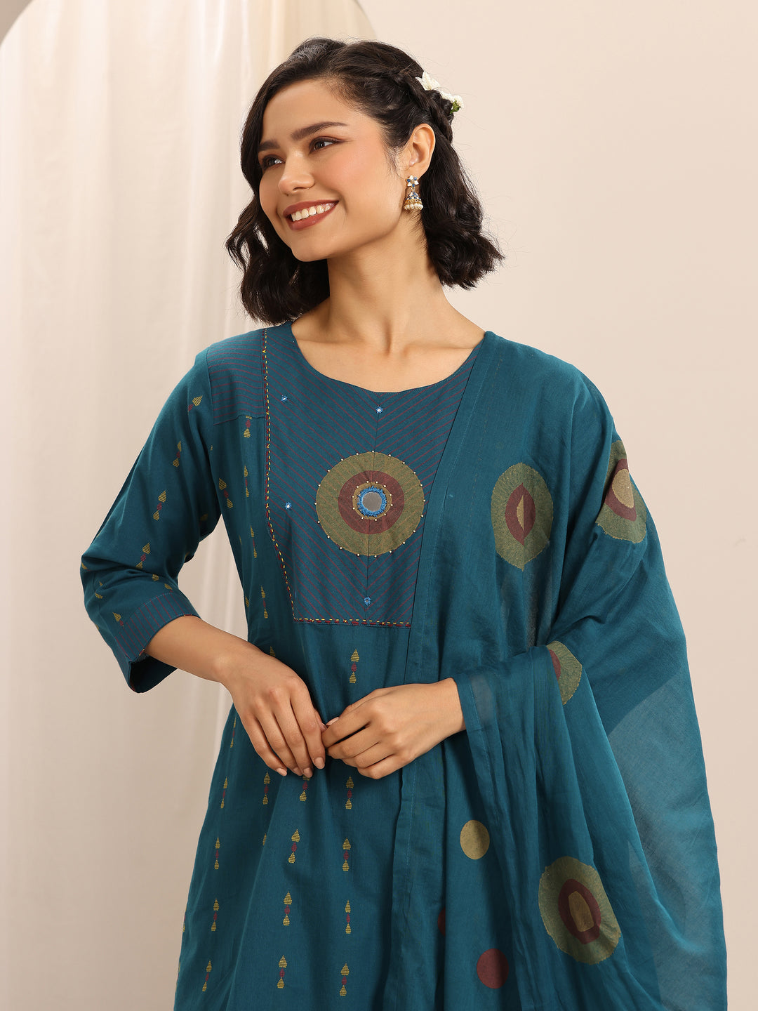 Teal Printed Cotton Blend Straight Suit Set With Dupatta