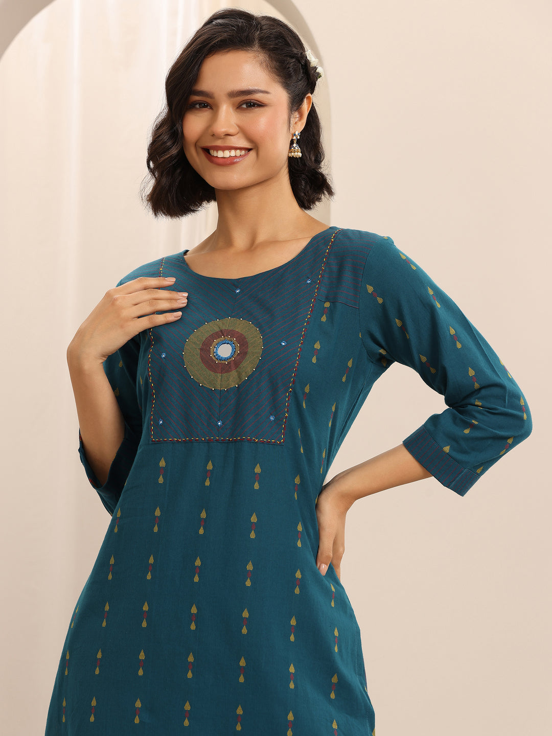 Teal Printed Cotton Blend Straight Suit Set With Dupatta