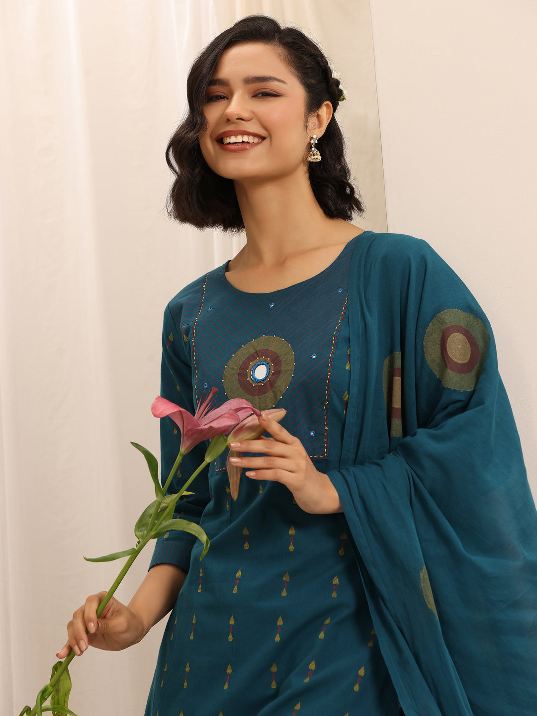Teal Printed Cotton Blend Straight Suit Set With Dupatta