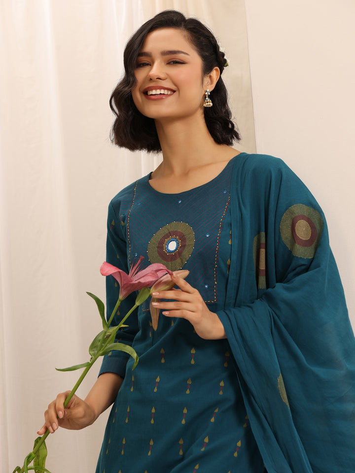 Teal Printed Cotton Blend Straight Suit Set With Dupatta
