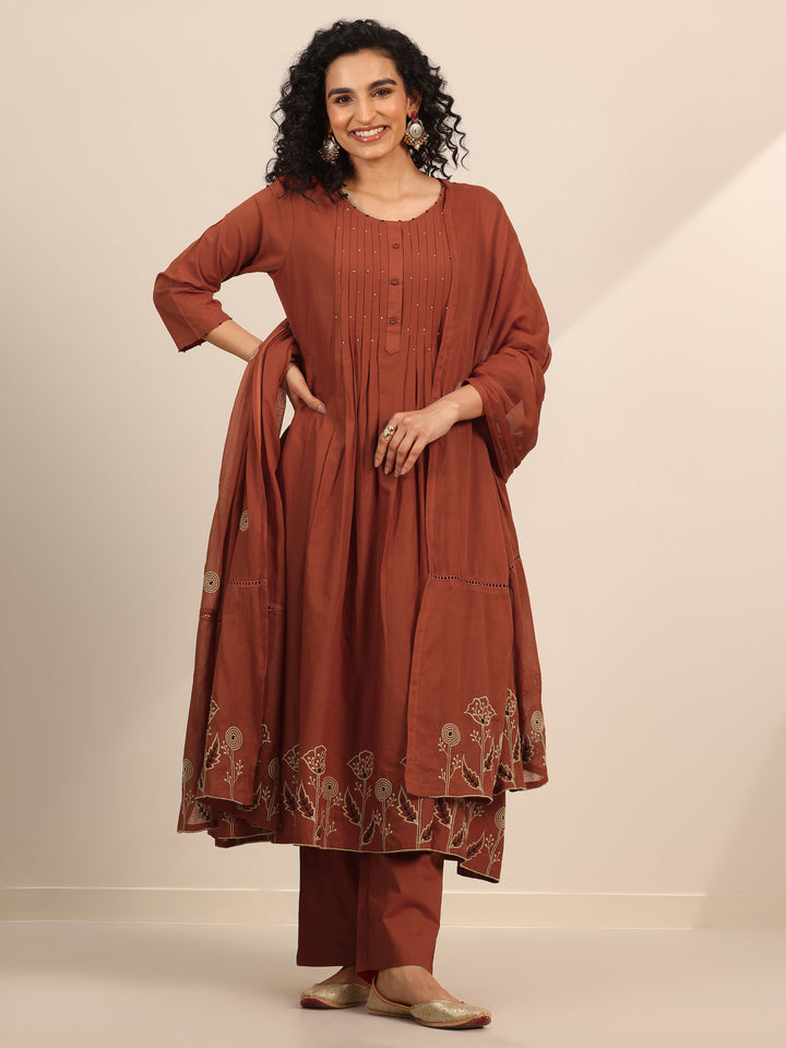 Rust Embroidered Cotton Blend Anarkali Suit Set With Dupatta